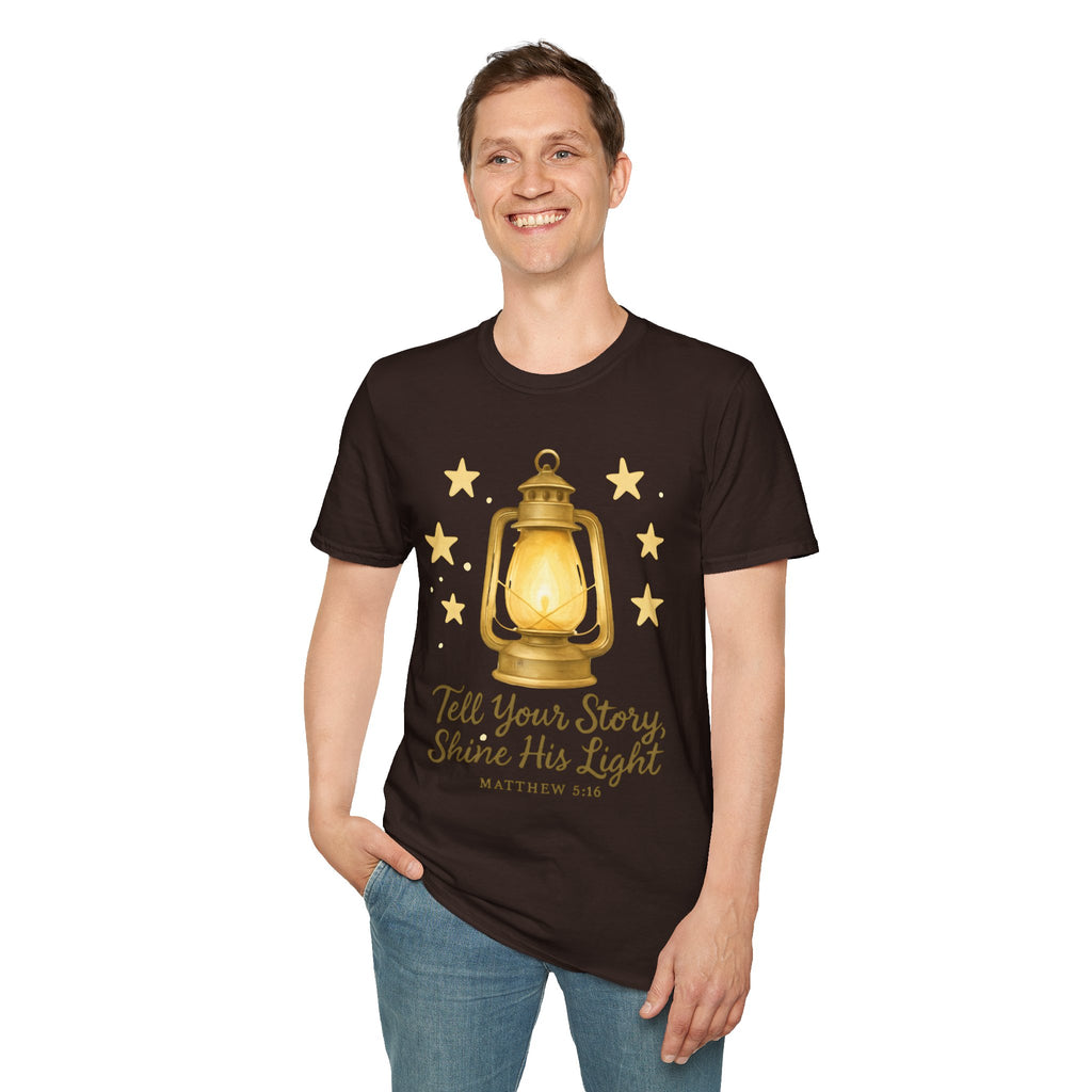 Tell Your Story, Shine His Light – Matthew 5:16 Christian T-Shirt