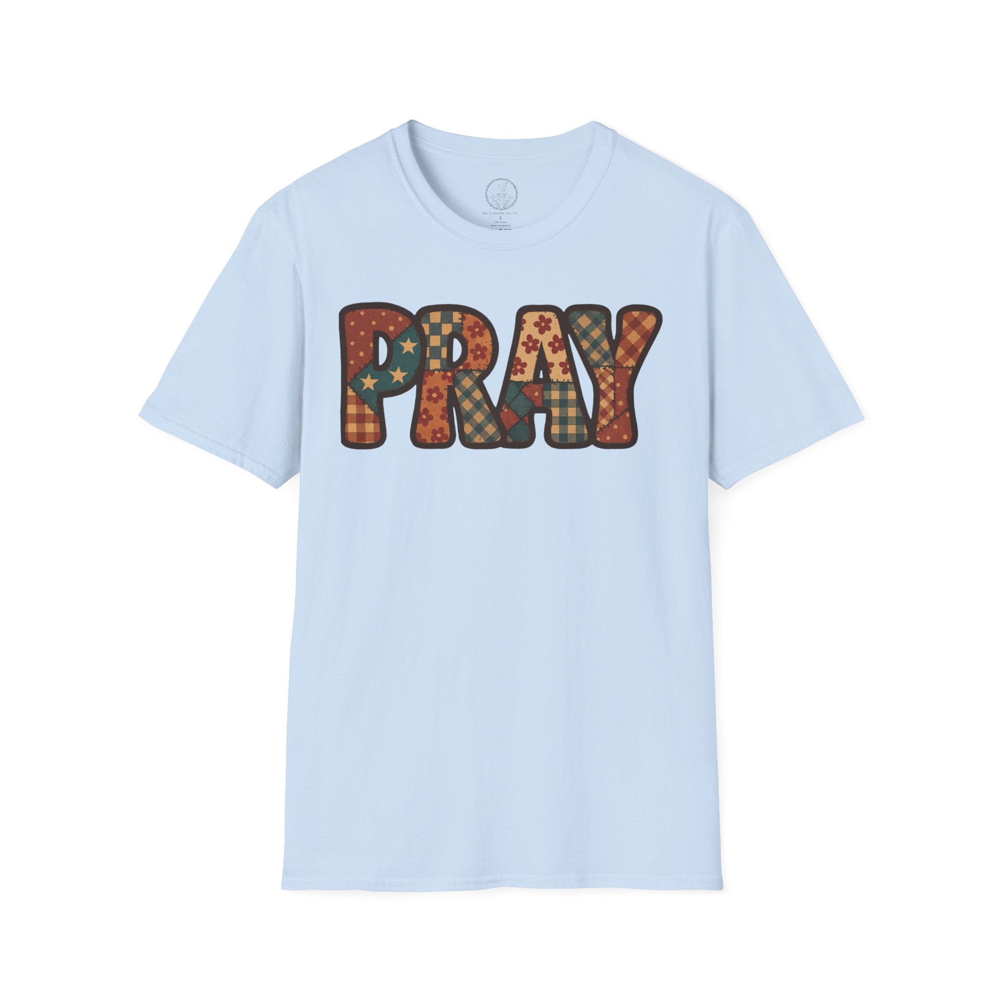 Pray Retro Patchwork T-Shirt — Vintage Floral Faith Graphic Tee