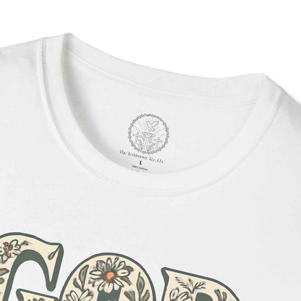 God Is Good All the Time – Christian Floral Typography Tee