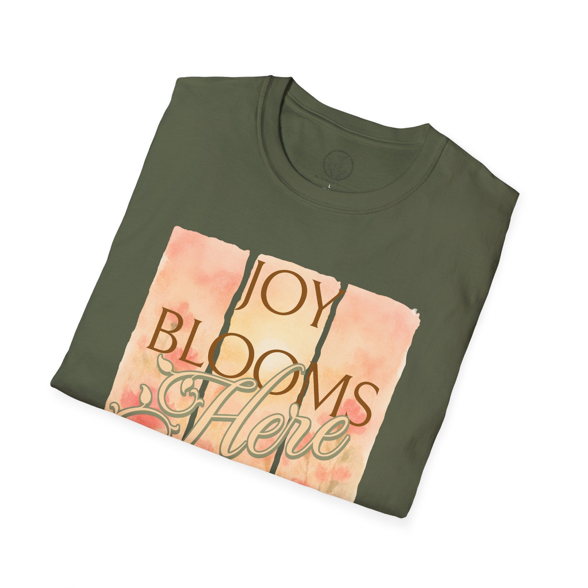 Joy Blooms Here – Christian Floral Encouragement Tee