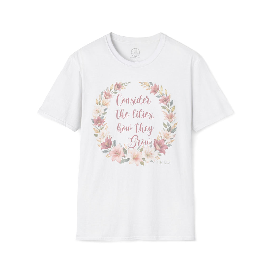 Consider the Lilies Floral T‑Shirt — Inspirational Scripture Flower Wreath Tee