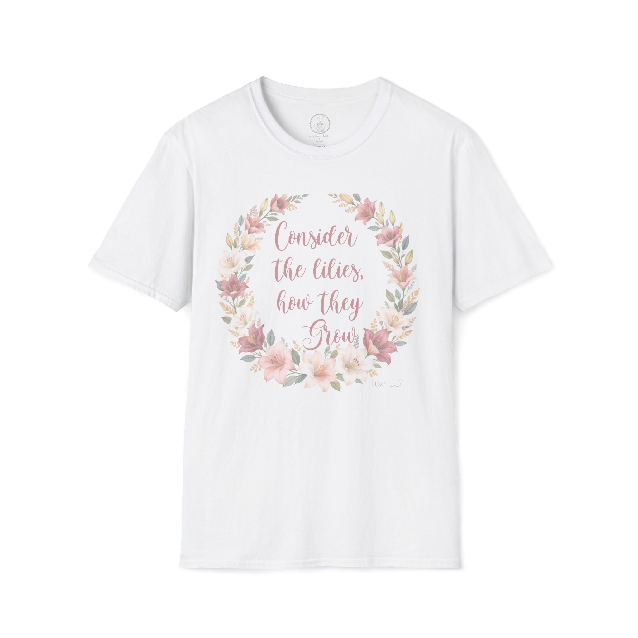 Consider the Lilies Floral T‑Shirt — Inspirational Scripture Flower Wreath Tee