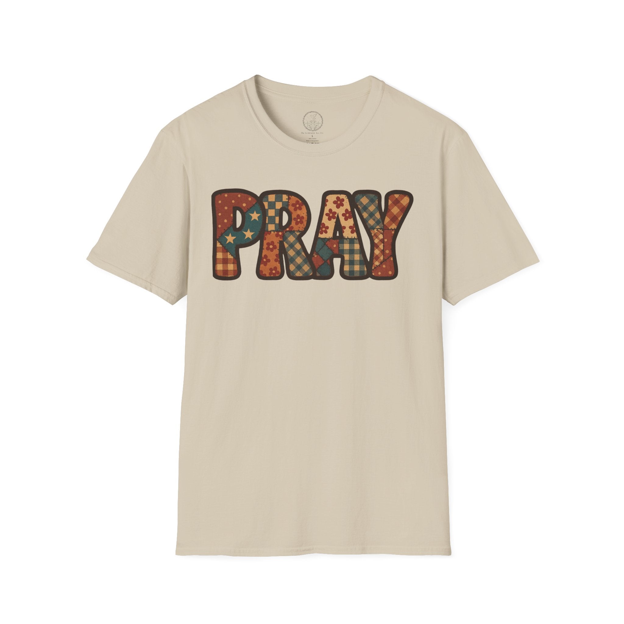 Pray Retro Patchwork T-Shirt — Vintage Floral Faith Graphic Tee