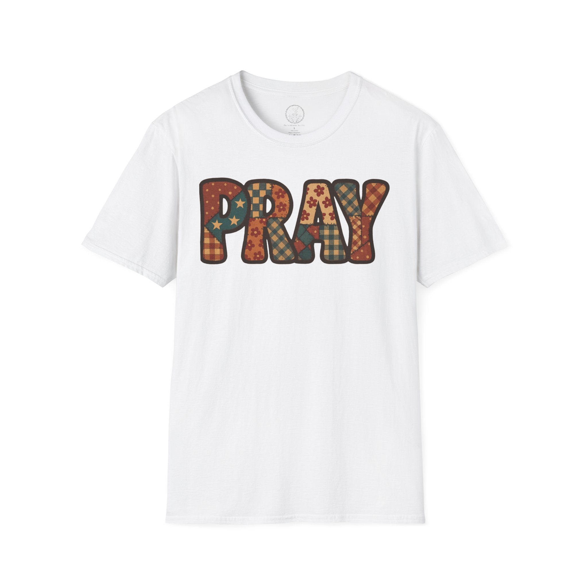 Pray Retro Patchwork T-Shirt — Vintage Floral Faith Graphic Tee
