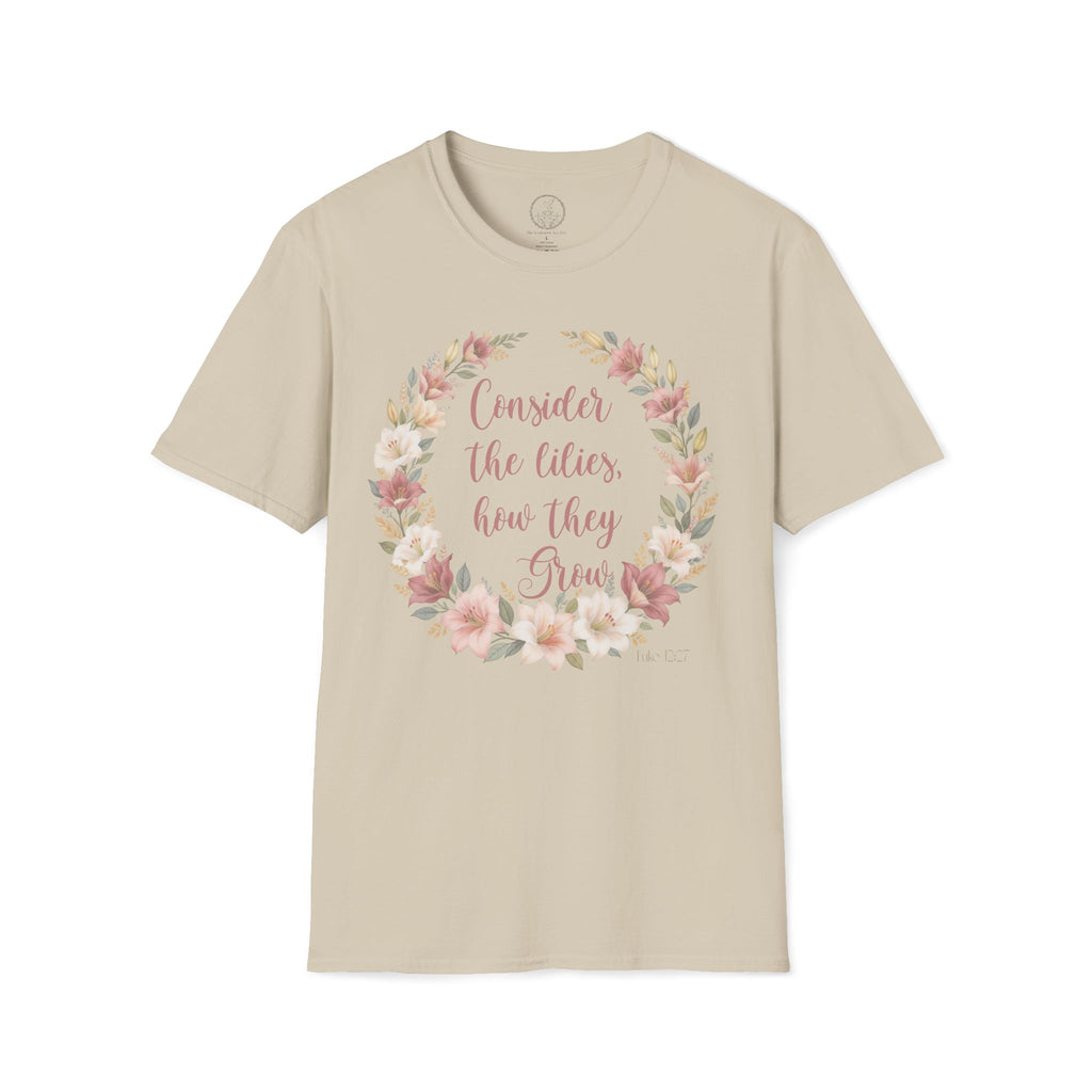 Consider the Lilies Floral T‑Shirt — Inspirational Scripture Flower Wreath Tee