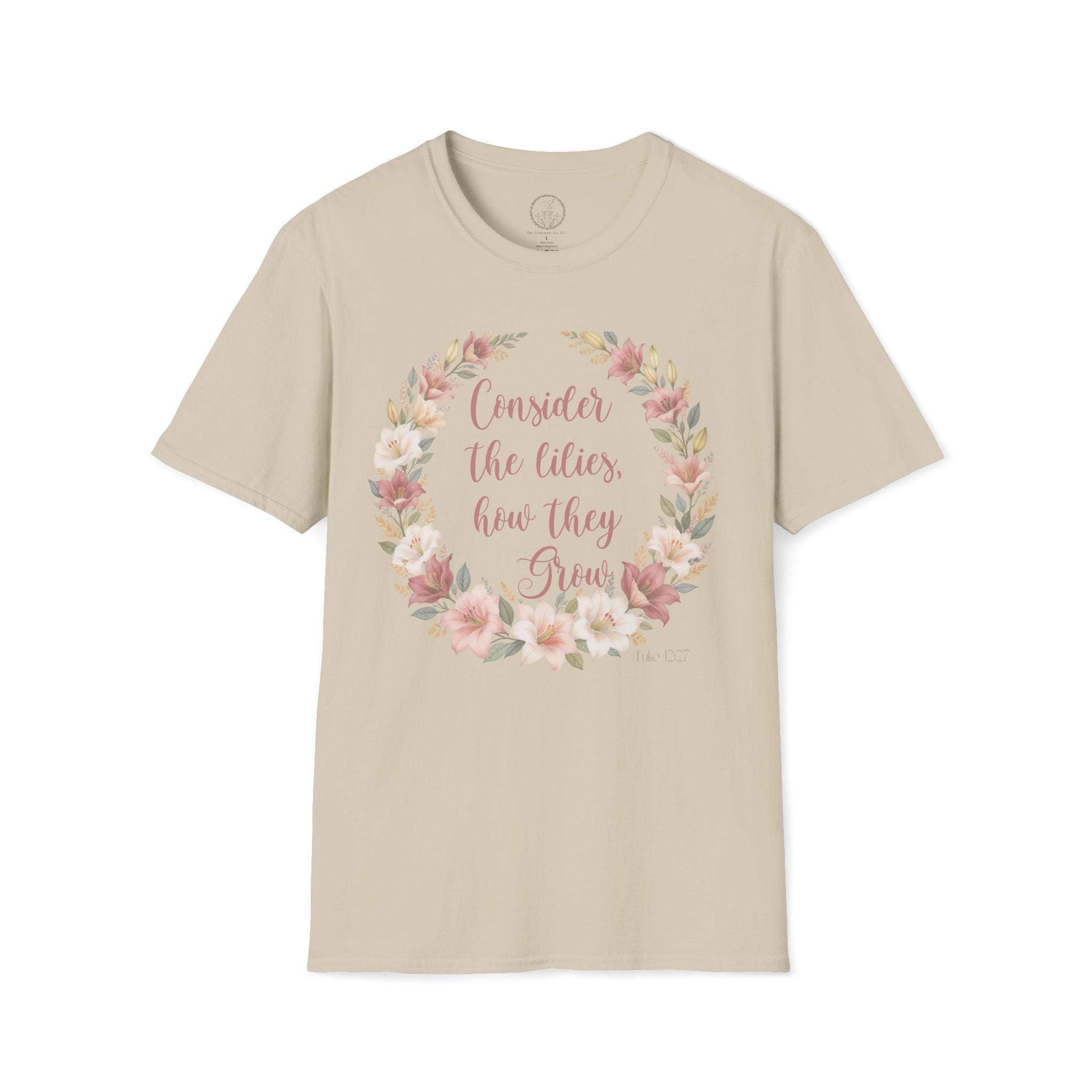 Consider the Lilies Floral T‑Shirt — Inspirational Scripture Flower Wreath Tee