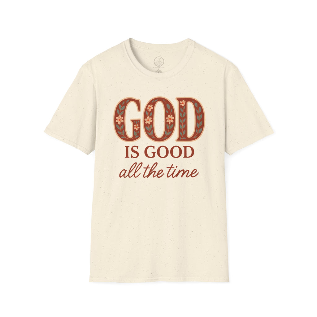 God Is Good All the Time – Christian Floral Typography Tee