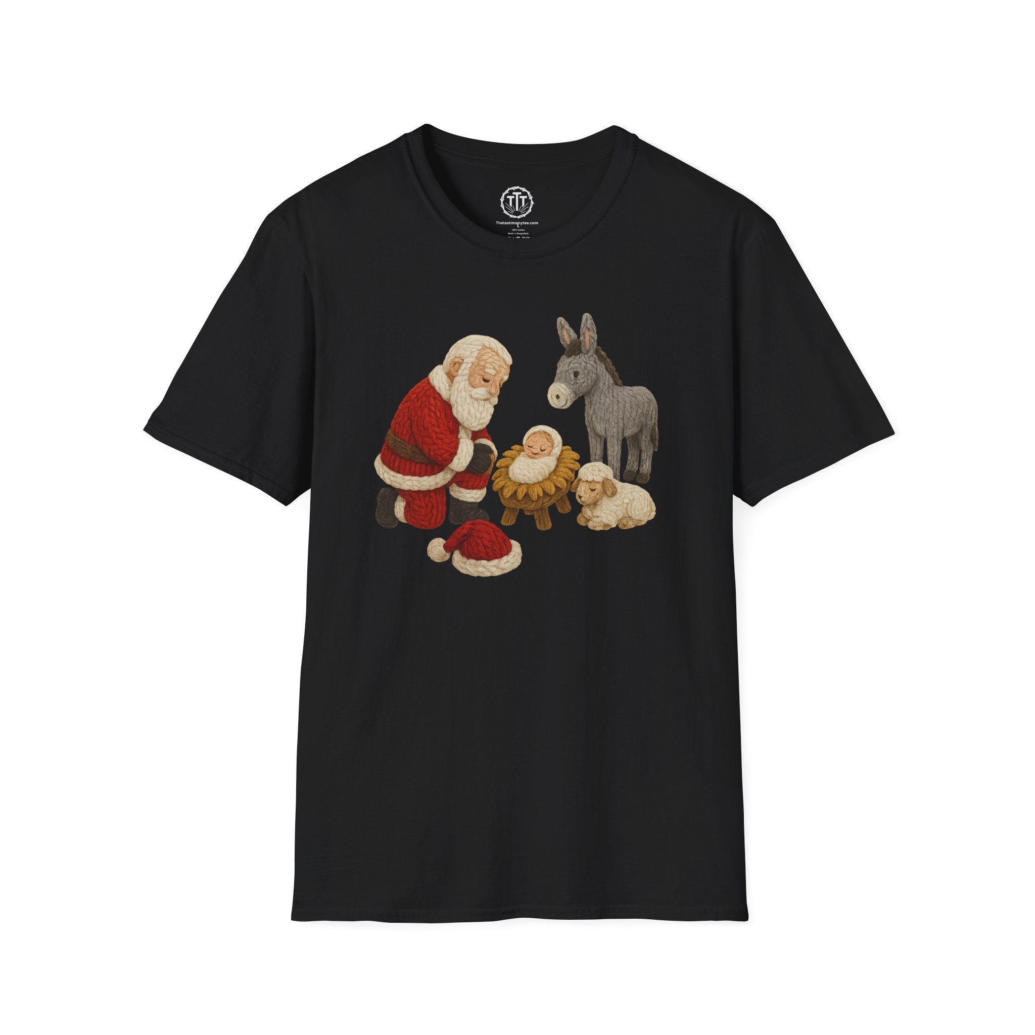 Faux Yarn Printed Image of Santa Bowing to Worship Baby Jesus