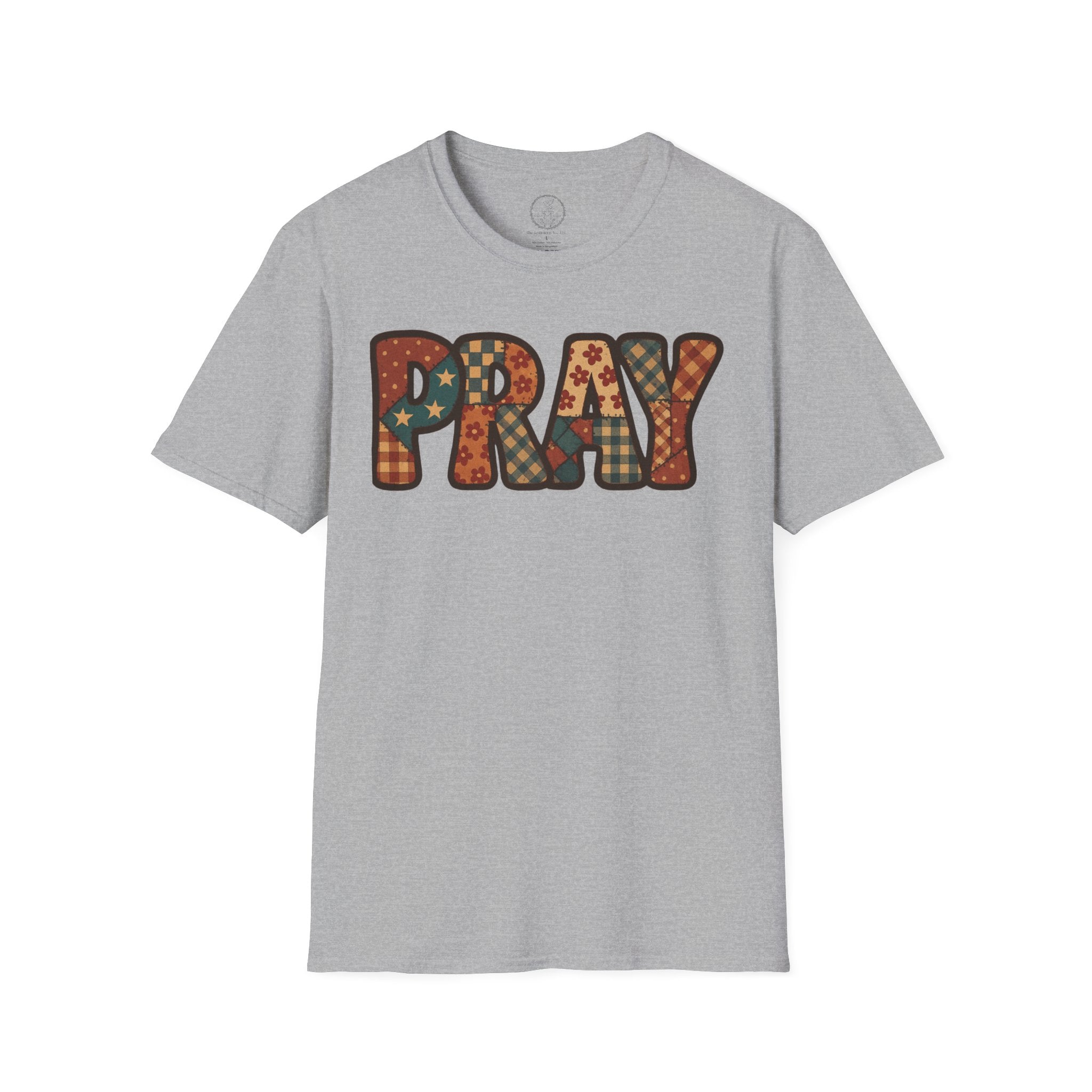 Pray Retro Patchwork T-Shirt — Vintage Floral Faith Graphic Tee