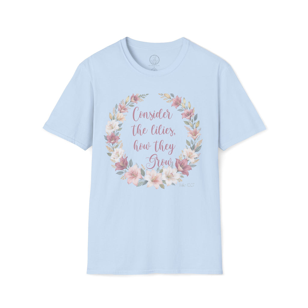 Consider the Lilies Floral T‑Shirt — Inspirational Scripture Flower Wreath Tee