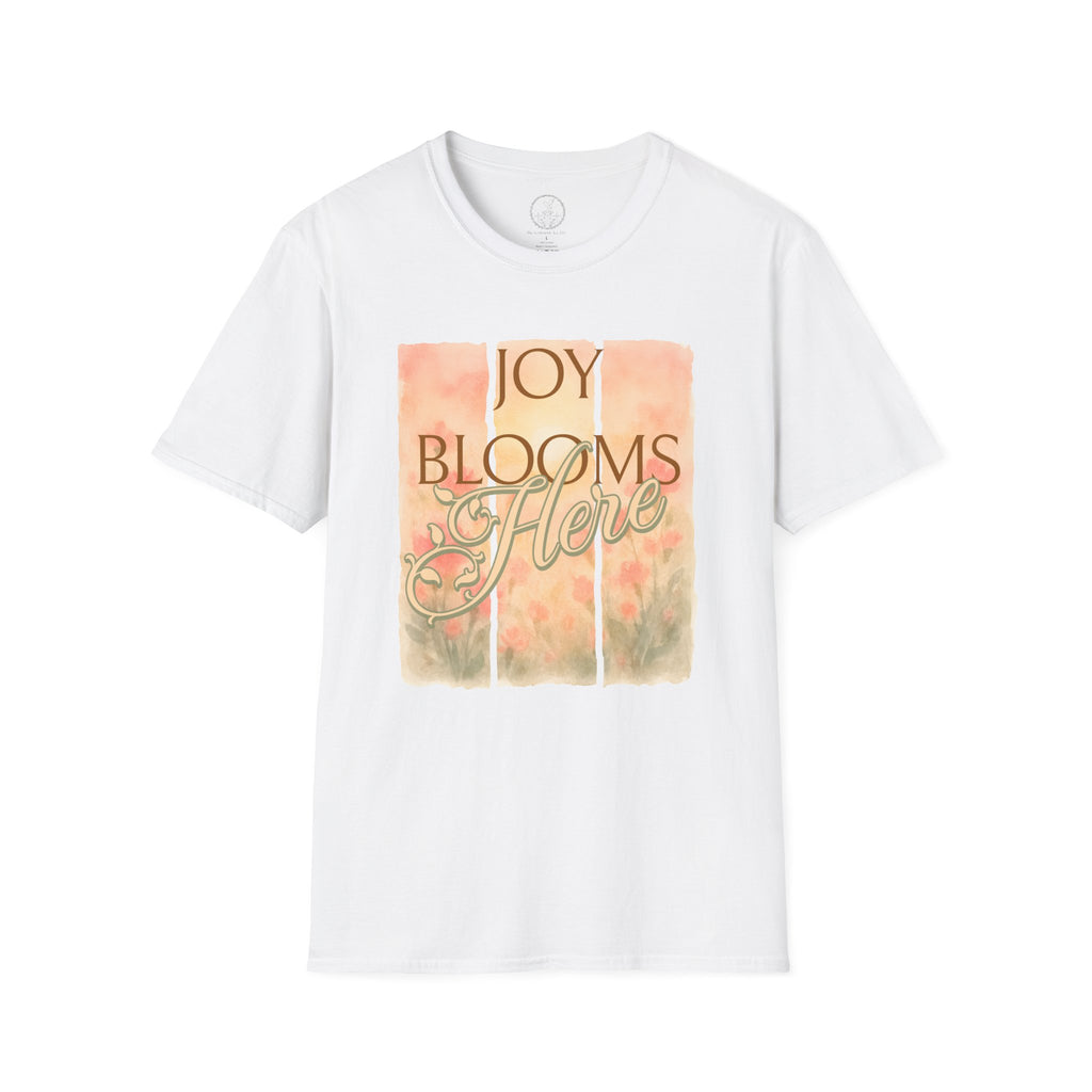 Joy Blooms Here – Christian Floral Encouragement Tee