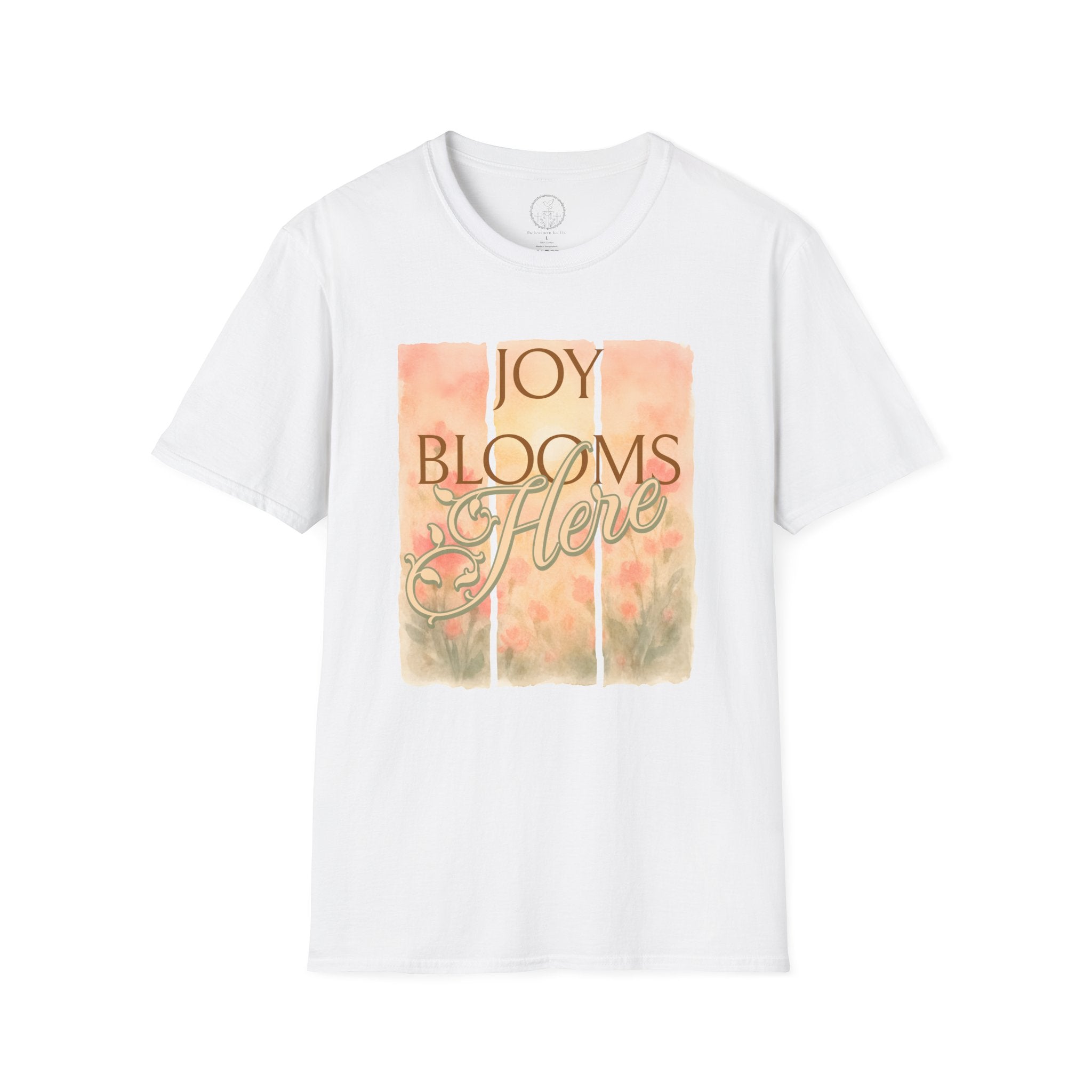 Joy Blooms Here – Christian Floral Encouragement Tee