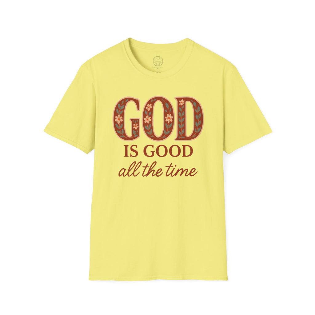 God Is Good All the Time – Christian Floral Typography Tee