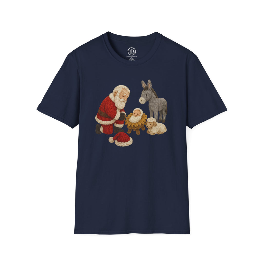 Faux Yarn Printed Image of Santa Bowing to Worship Baby Jesus