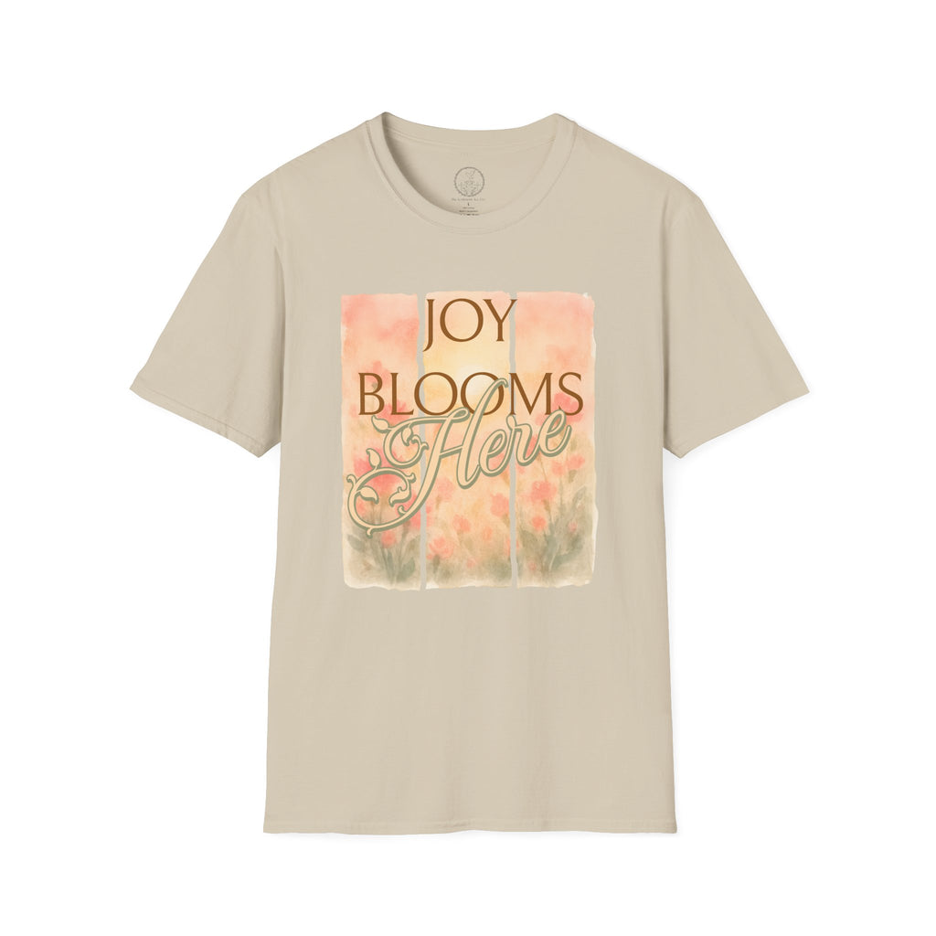 Joy Blooms Here – Christian Floral Encouragement Tee