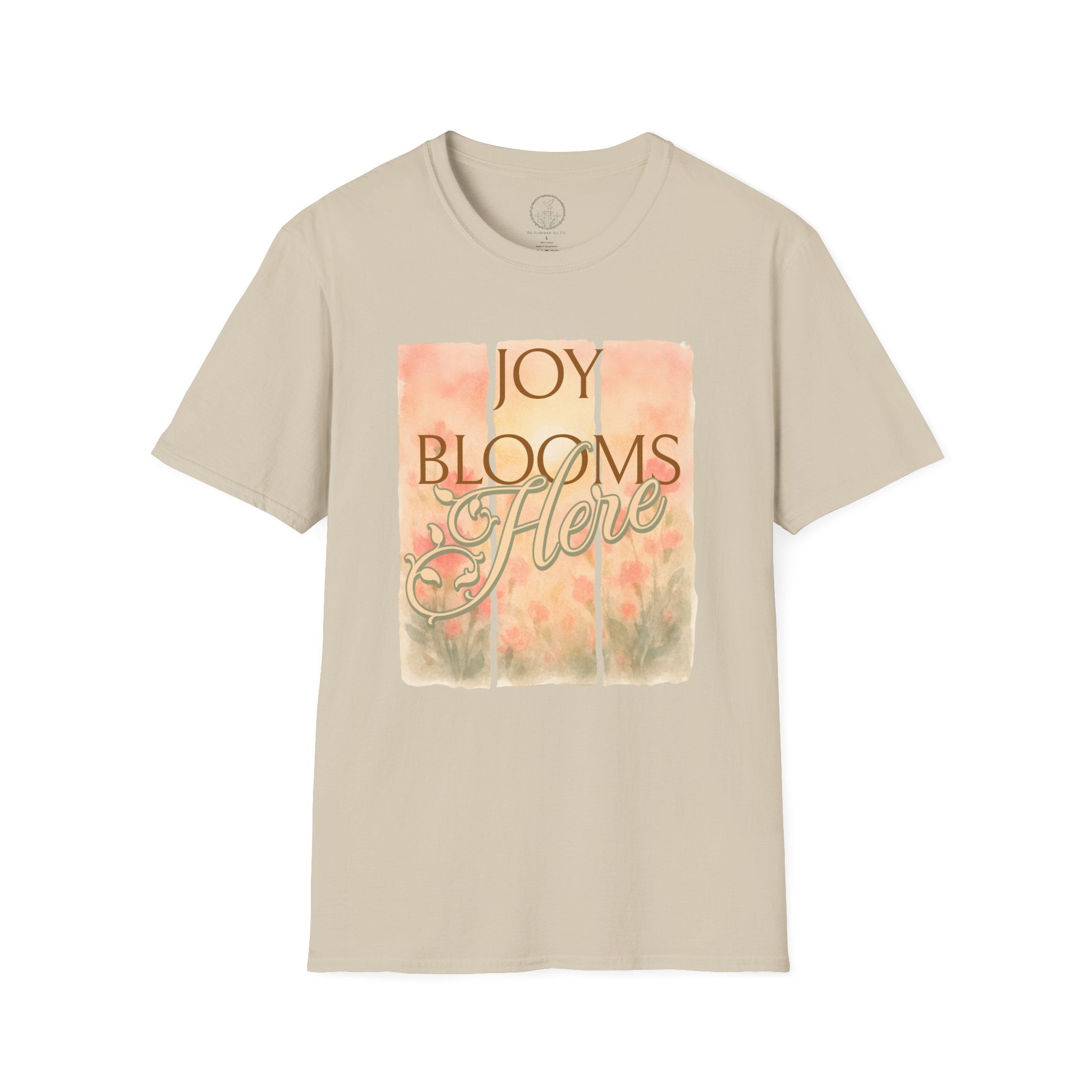 Joy Blooms Here – Christian Floral Encouragement Tee