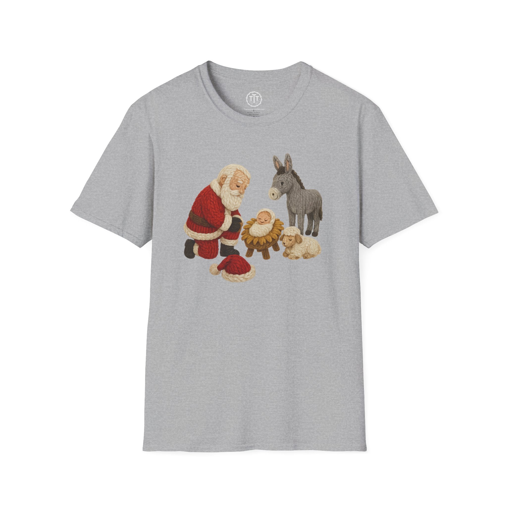 Faux Yarn Printed Image of Santa Bowing to Worship Baby Jesus