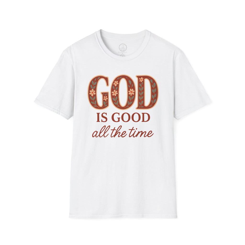 God Is Good All the Time – Christian Floral Typography Tee