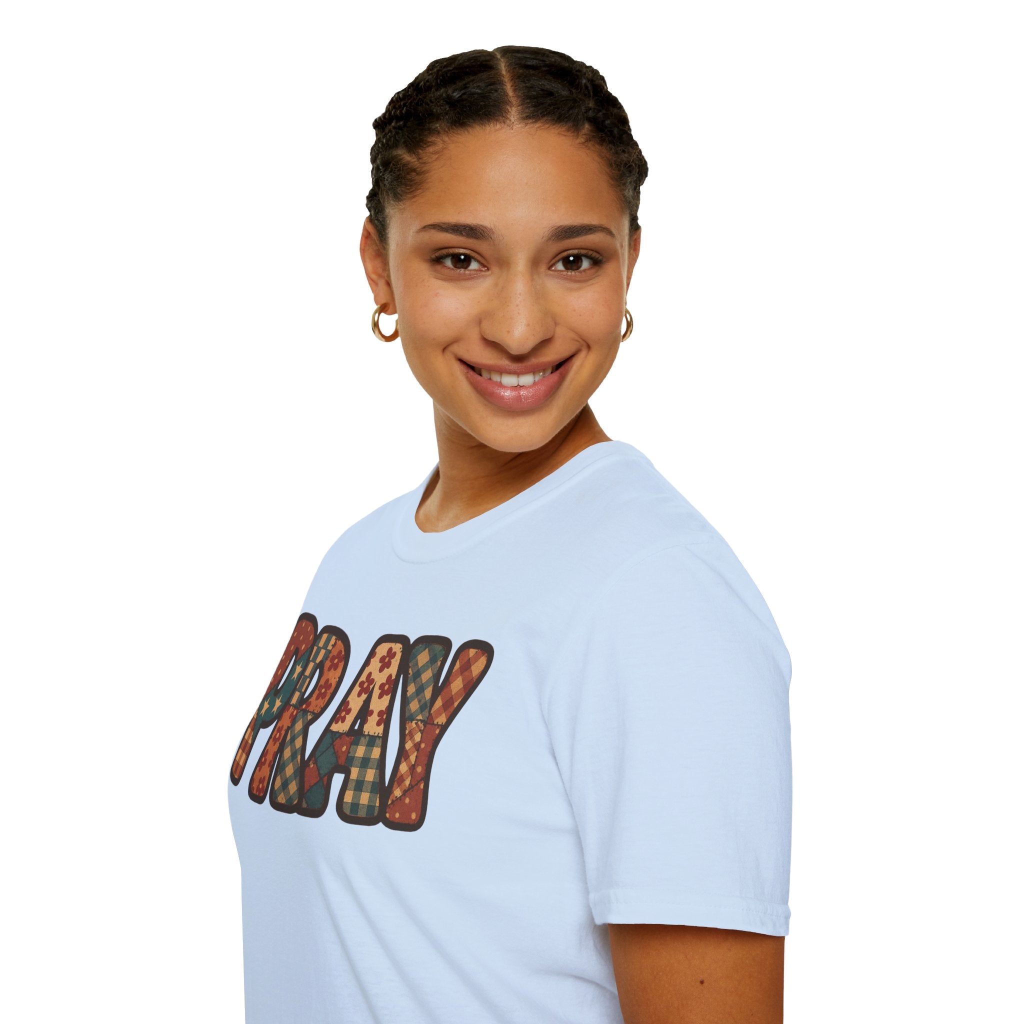 Pray Retro Patchwork T-Shirt — Vintage Floral Faith Graphic Tee