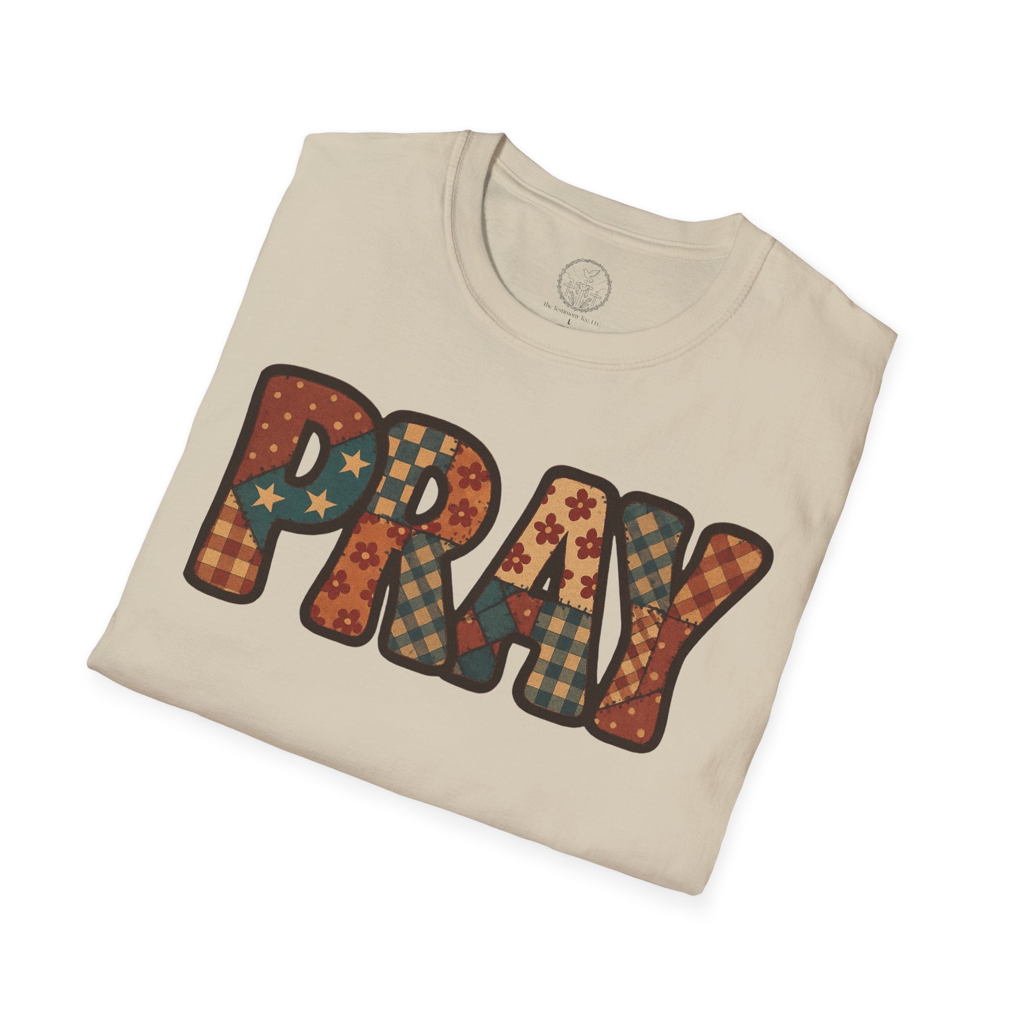 Pray Retro Patchwork T-Shirt — Vintage Floral Faith Graphic Tee