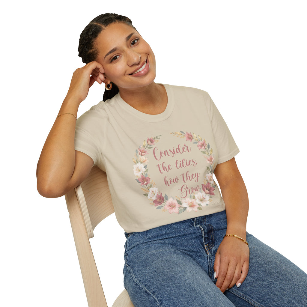 Consider the Lilies Floral T‑Shirt — Inspirational Scripture Flower Wreath Tee
