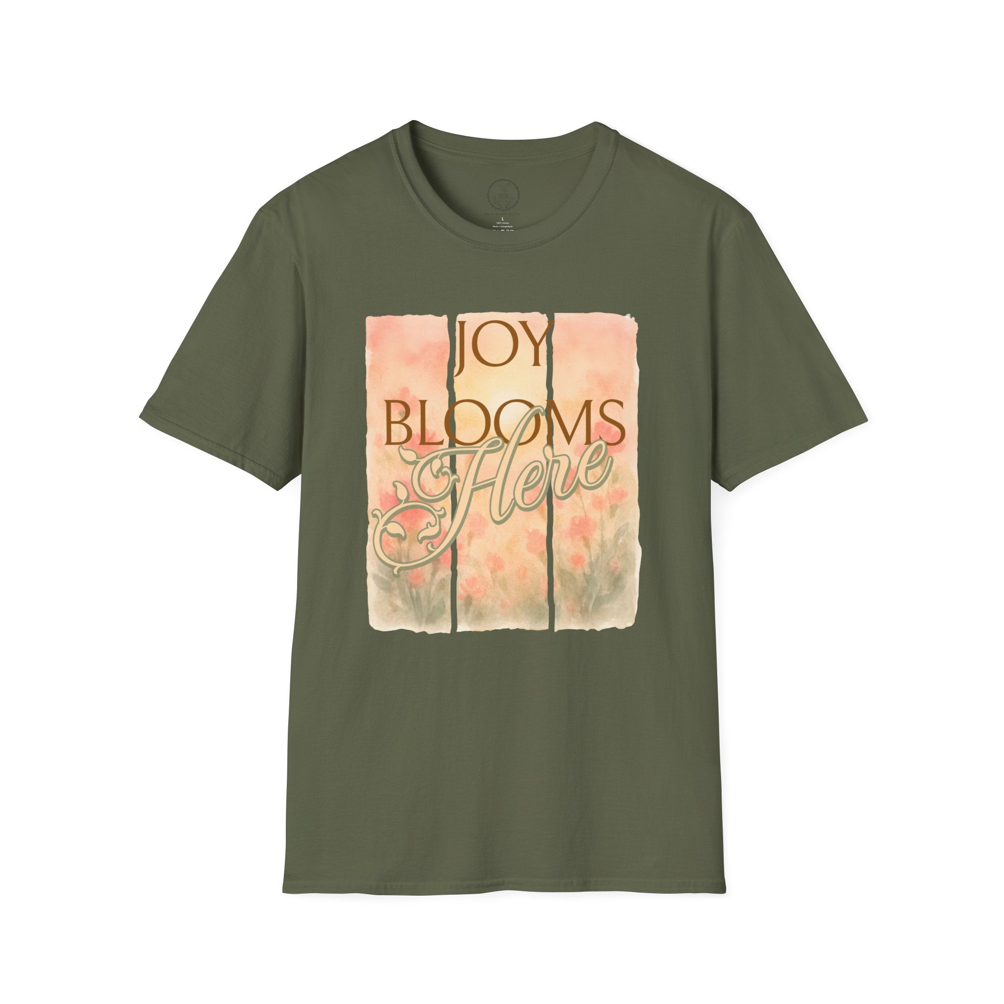 Joy Blooms Here – Christian Floral Encouragement Tee