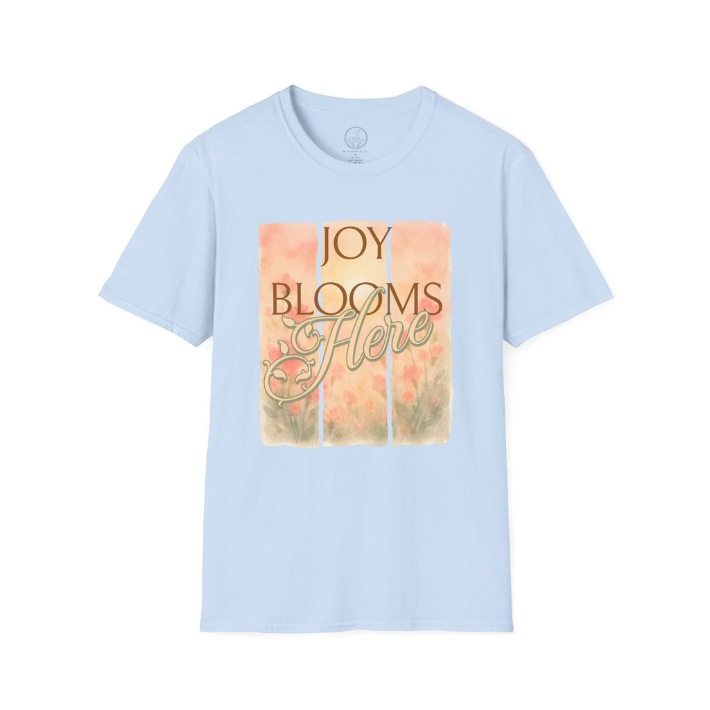 Joy Blooms Here – Christian Floral Encouragement Tee