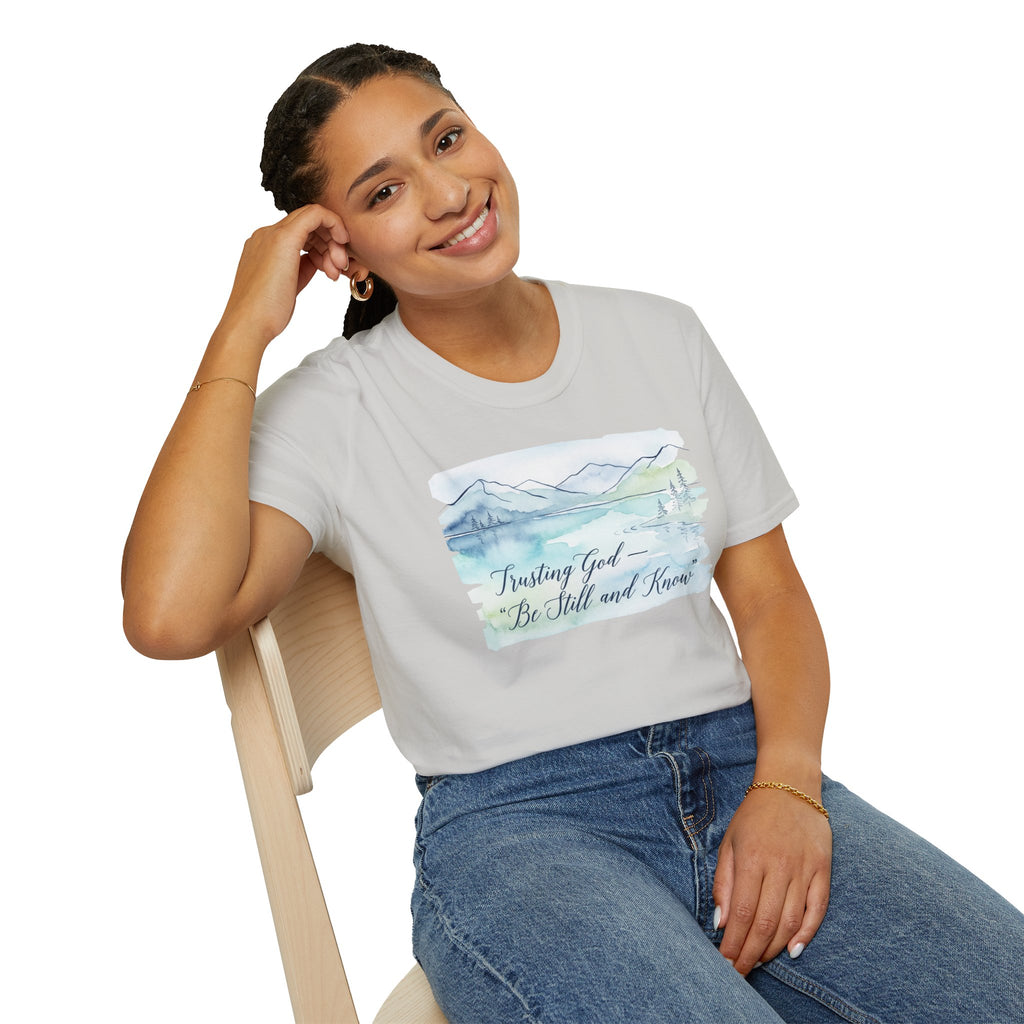 Trusting God — “Be Still and Know” Watercolor Mountain Tee