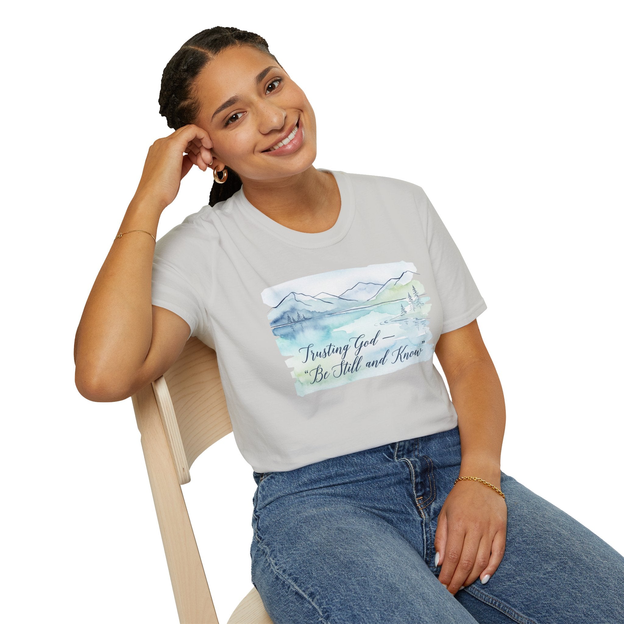 Trusting God — “Be Still and Know” Watercolor Mountain Tee