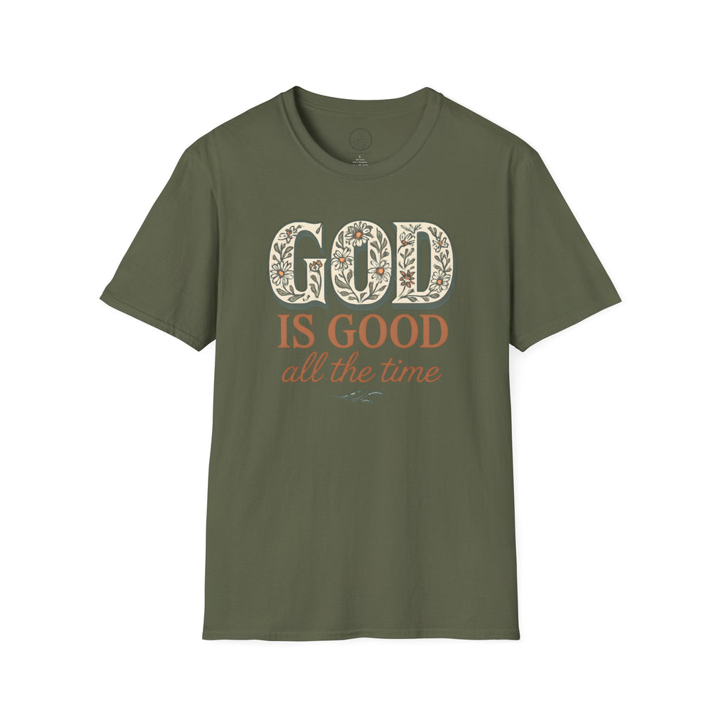 God Is Good All the Time – Christian Floral Typography Tee