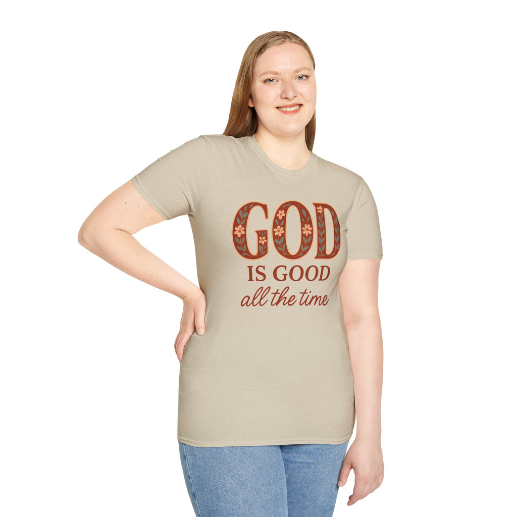 God Is Good All the Time – Christian Floral Typography Tee