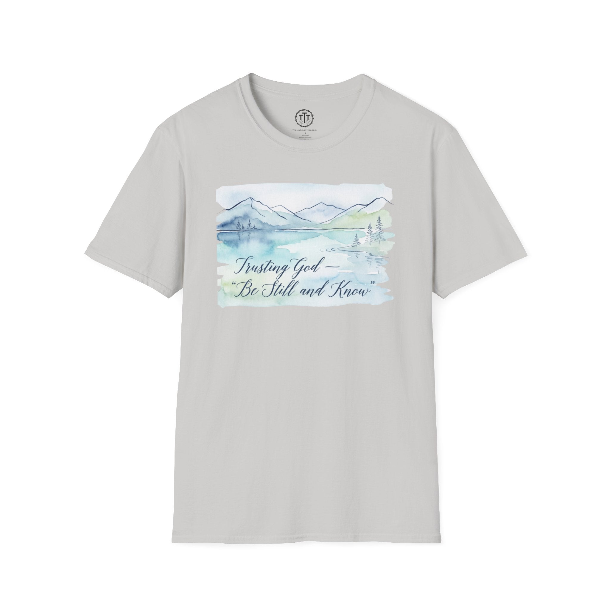 Trusting God — “Be Still and Know” Watercolor Mountain Tee