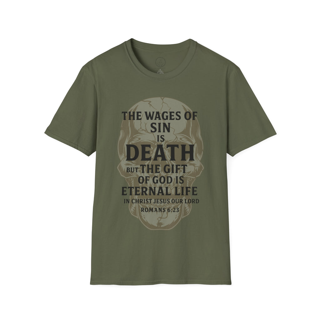 Romans 6:23 – Wages of Sin, Gift of God Skull Tee
