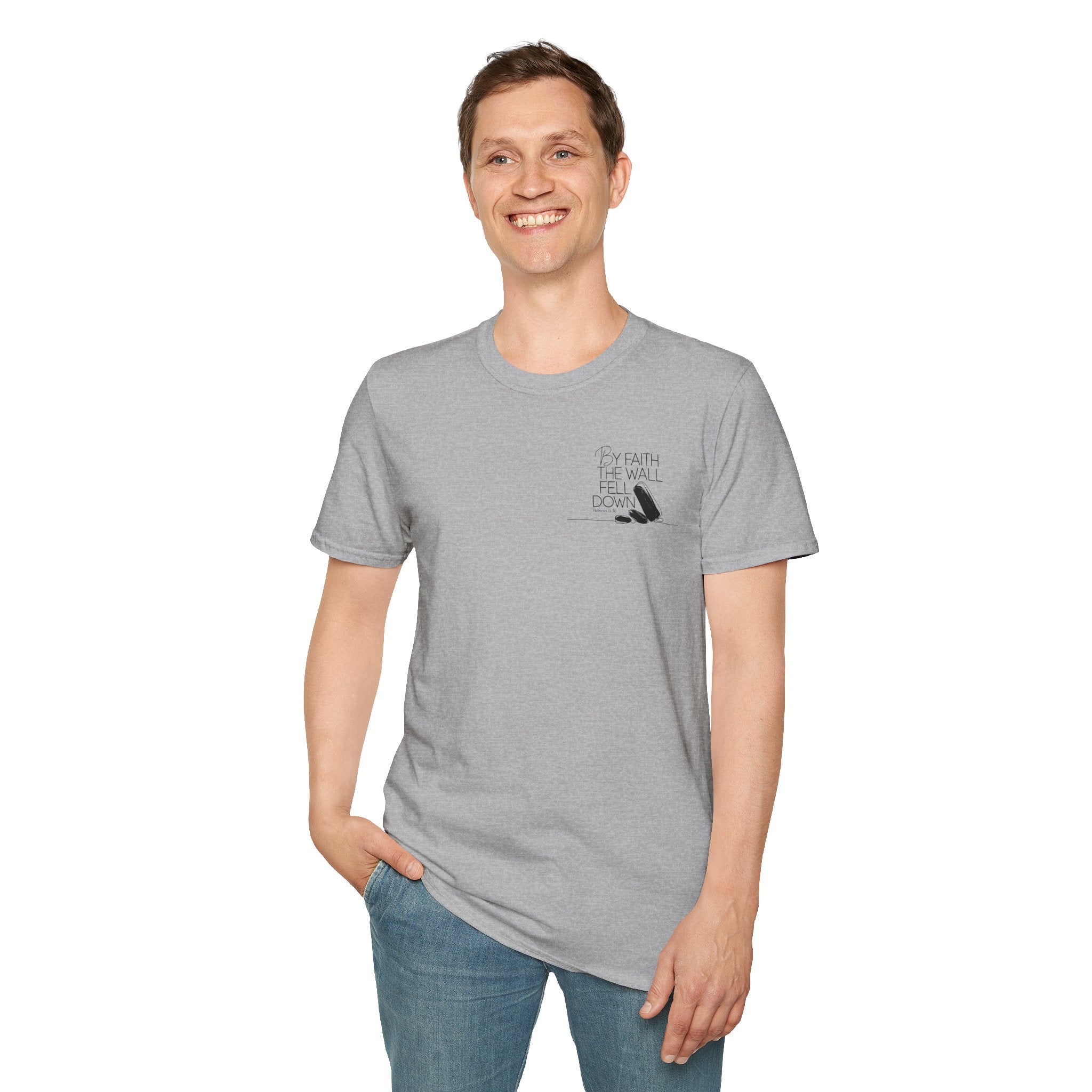 By Faith The Walls Fell Down Left Chest Design T-Shirt
