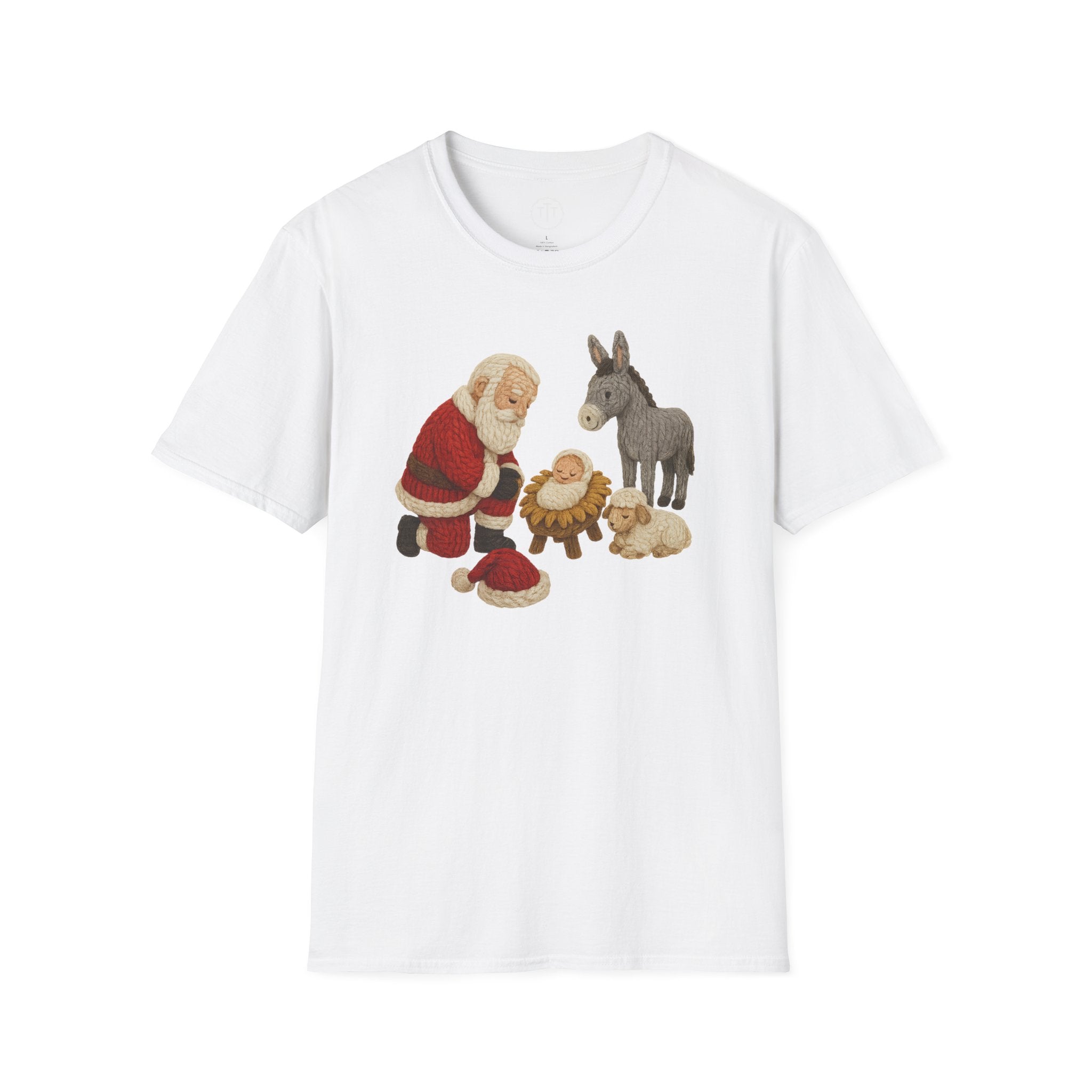 Faux Yarn Printed Image of Santa Bowing to Worship Baby Jesus
