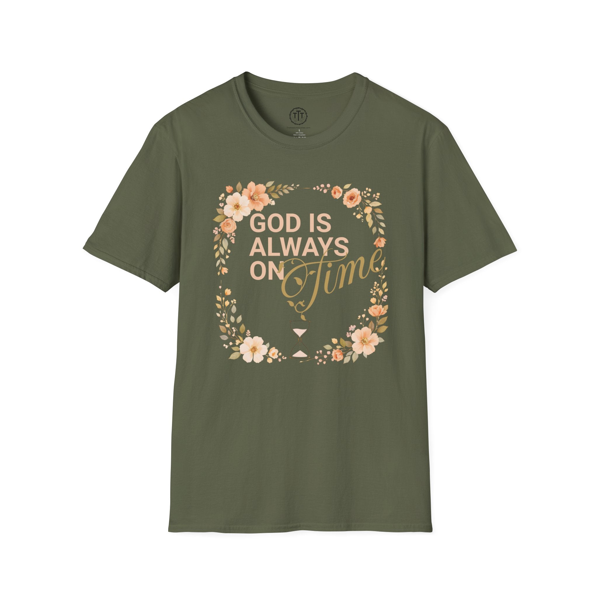 God Is Always On Time – Floral Christian T-Shirt