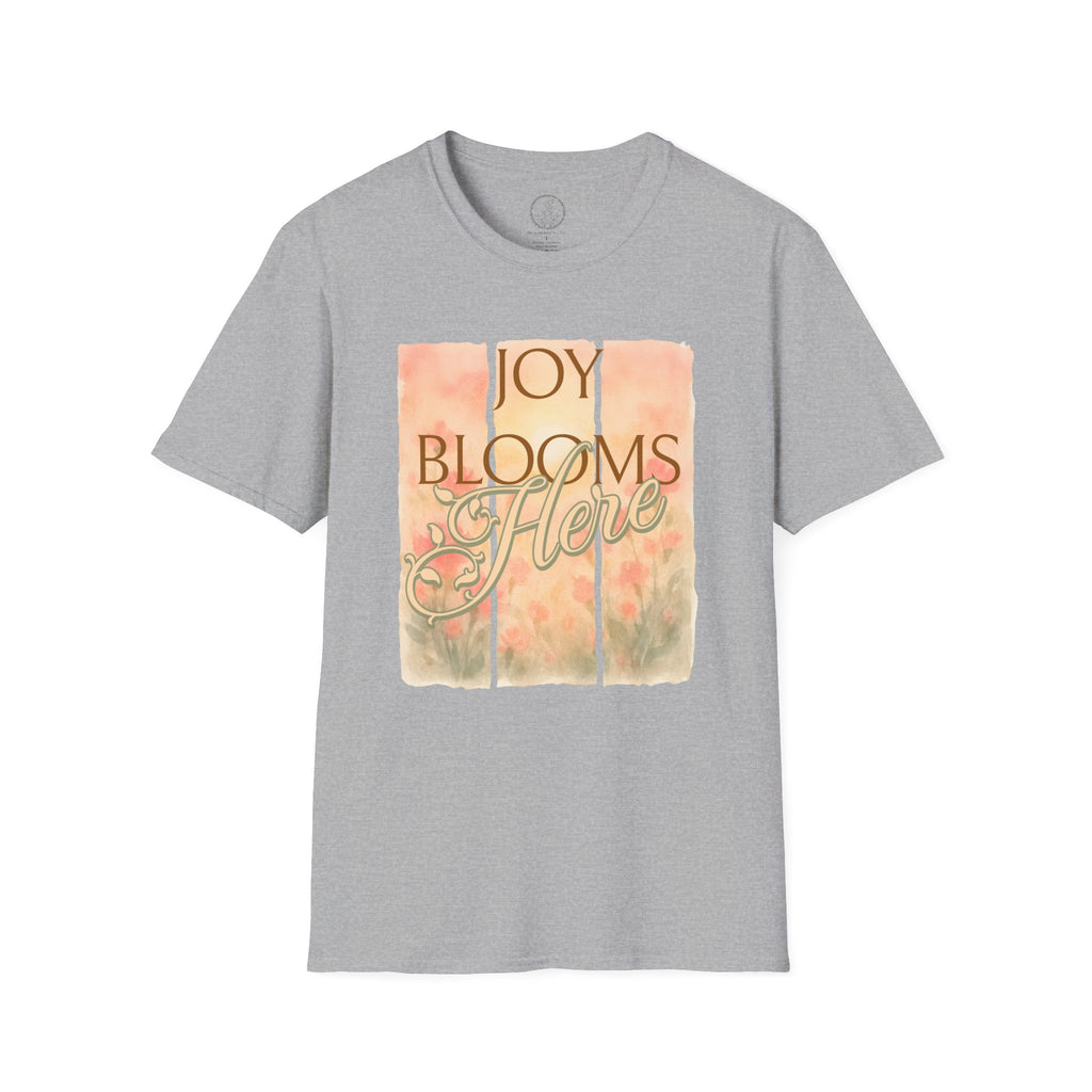 Joy Blooms Here – Christian Floral Encouragement Tee