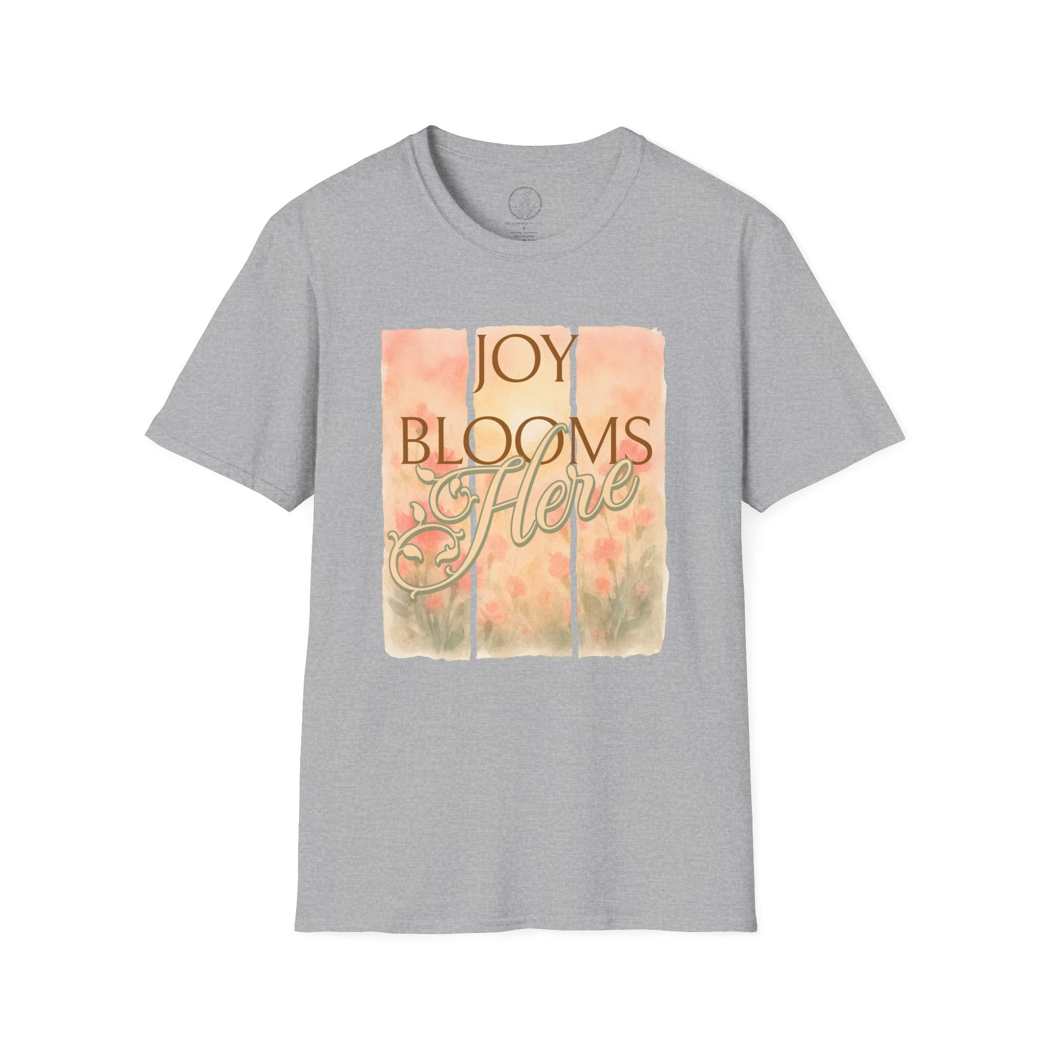 Joy Blooms Here – Christian Floral Encouragement Tee