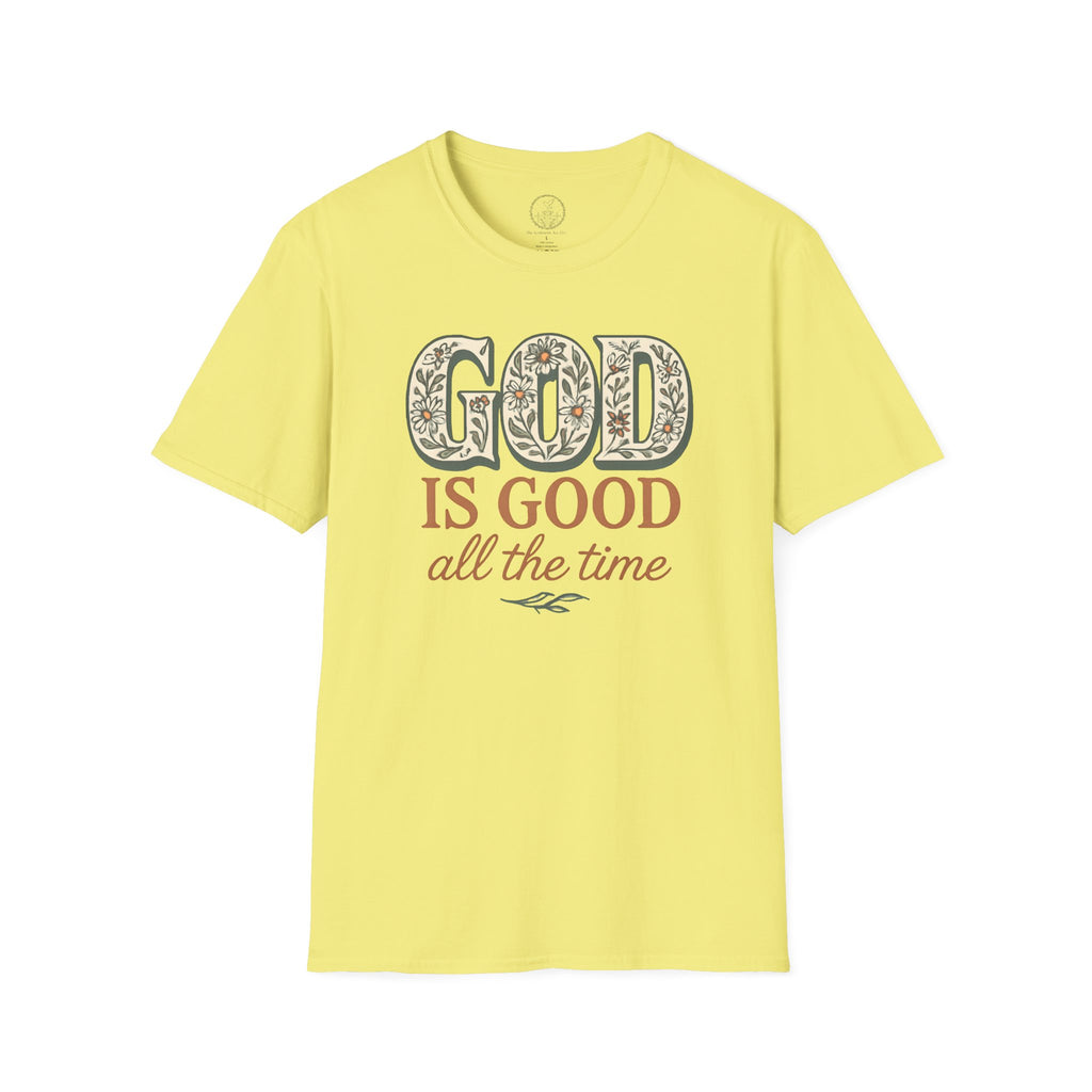 God Is Good All the Time – Christian Floral Typography Tee