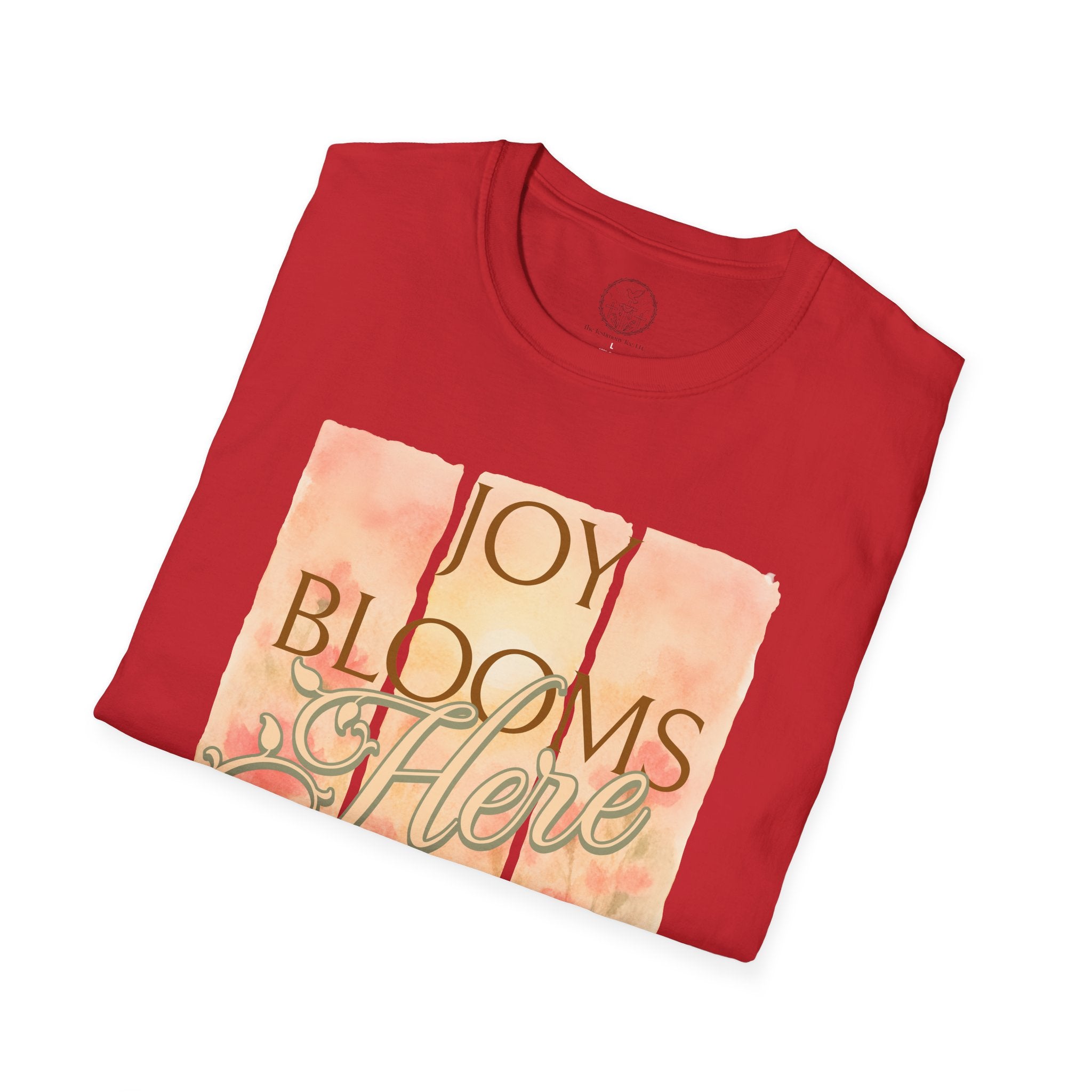 Joy Blooms Here – Christian Floral Encouragement Tee
