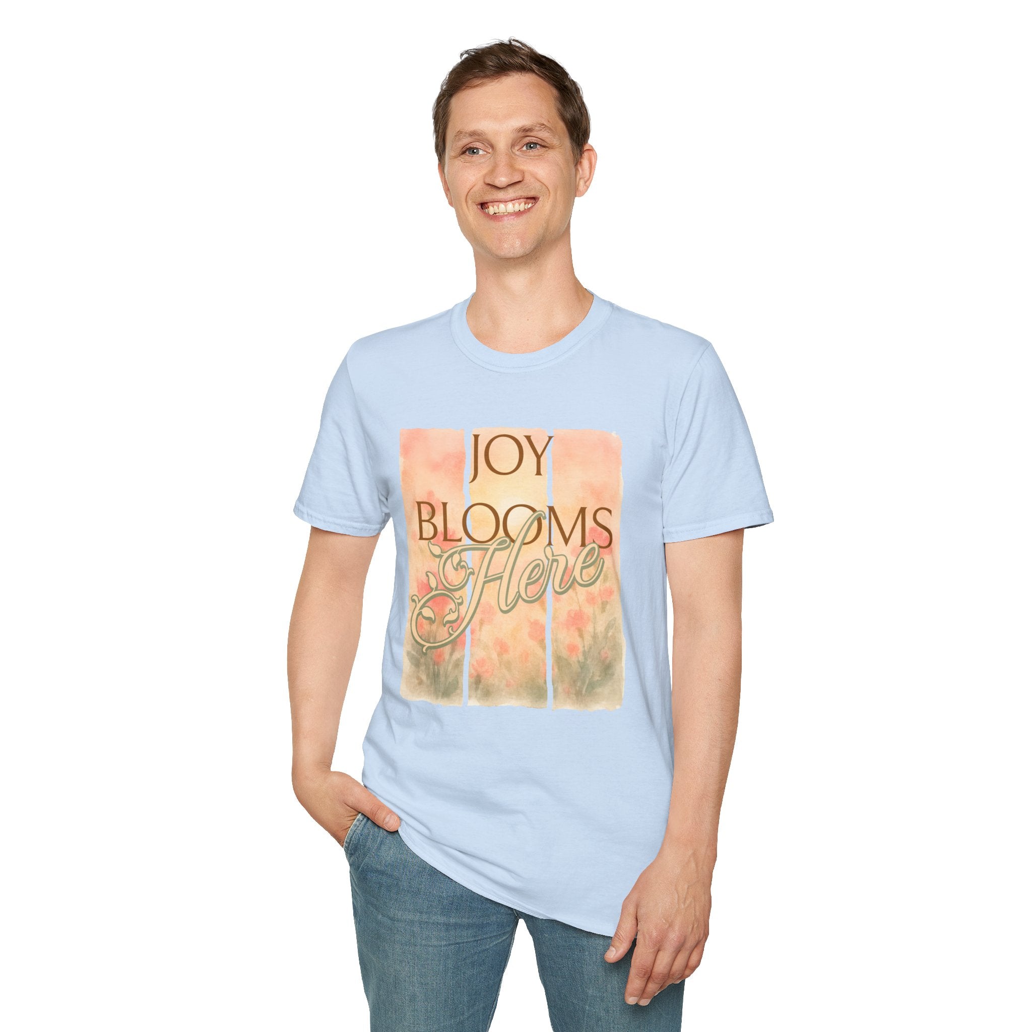 Joy Blooms Here – Christian Floral Encouragement Tee