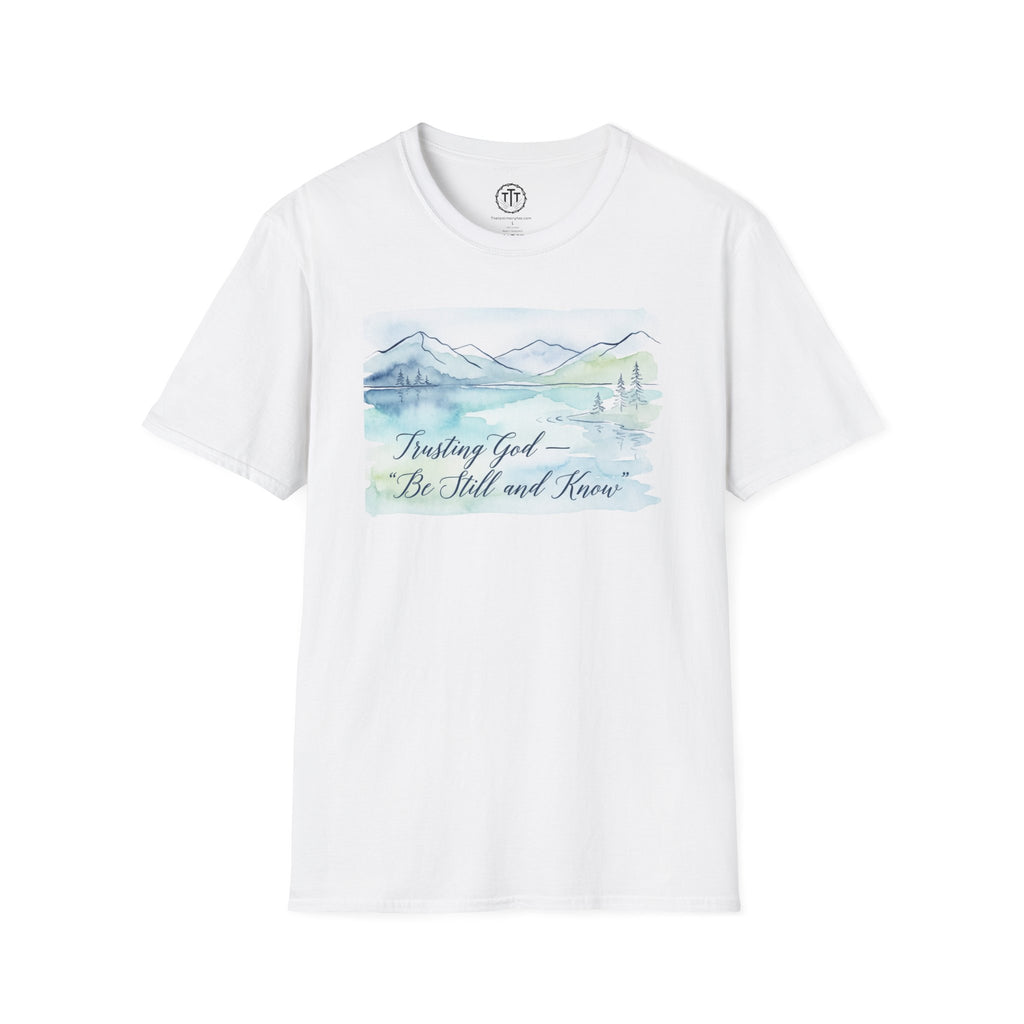 Trusting God — “Be Still and Know” Watercolor Mountain Tee