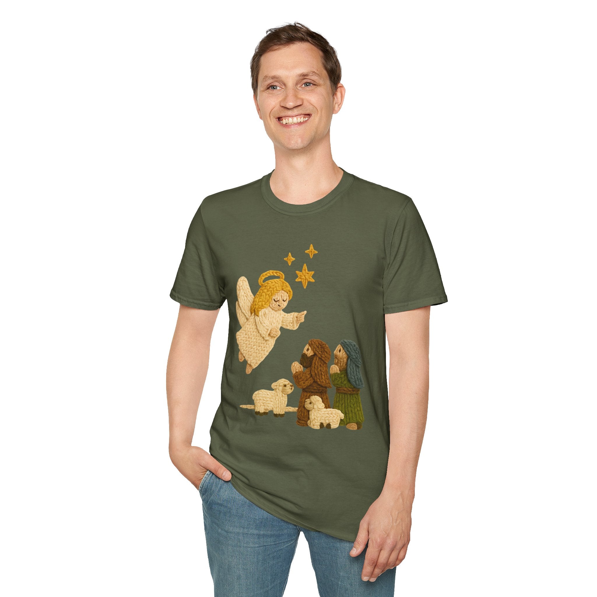 Faux Yarn Printed Image of Shepherds in Field at Night