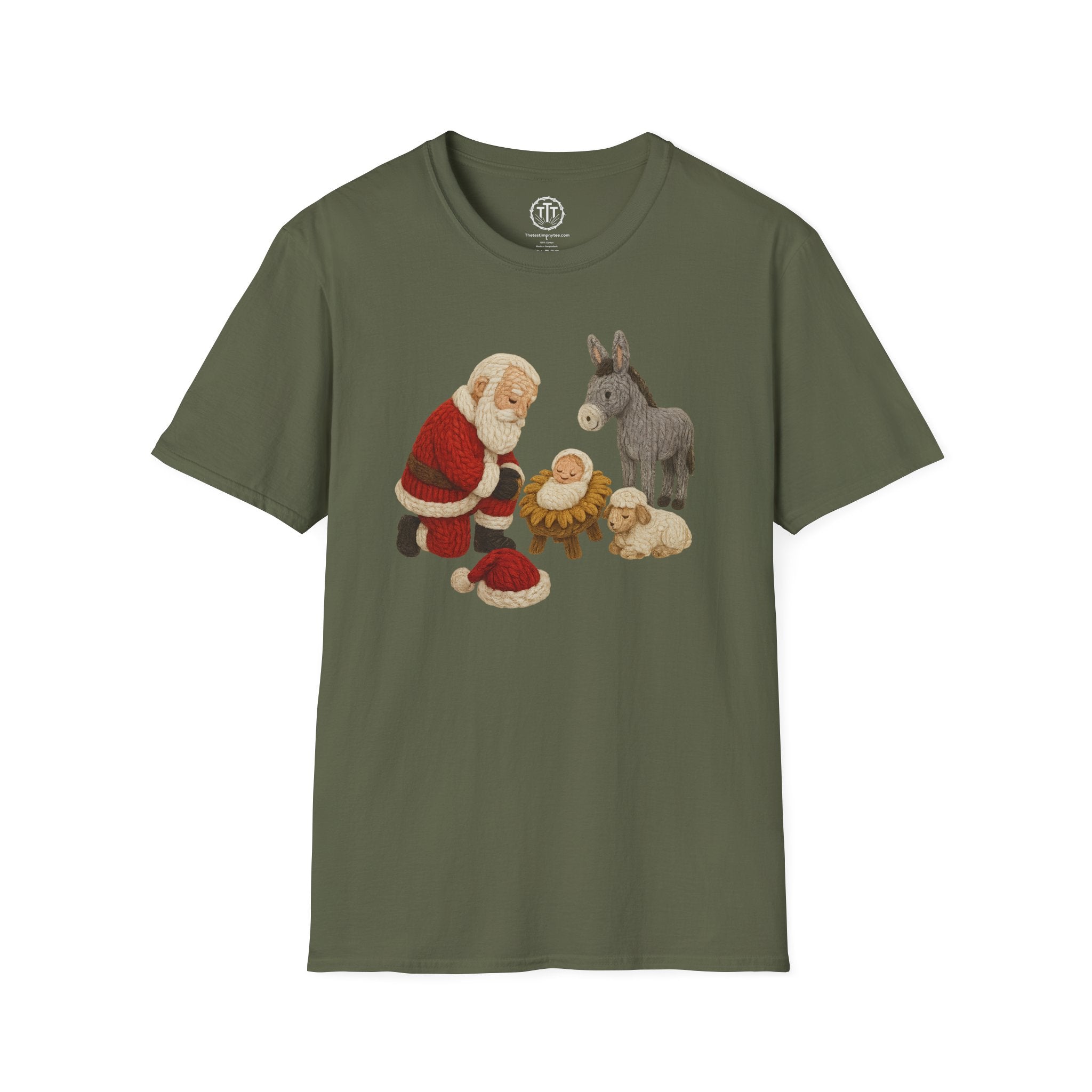 Faux Yarn Printed Image of Santa Bowing to Worship Baby Jesus