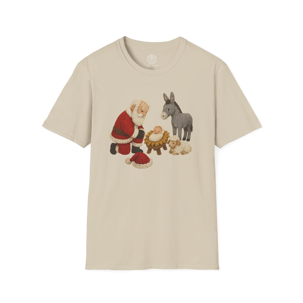 Faux Yarn Printed Image of Santa Bowing to Worship Baby Jesus
