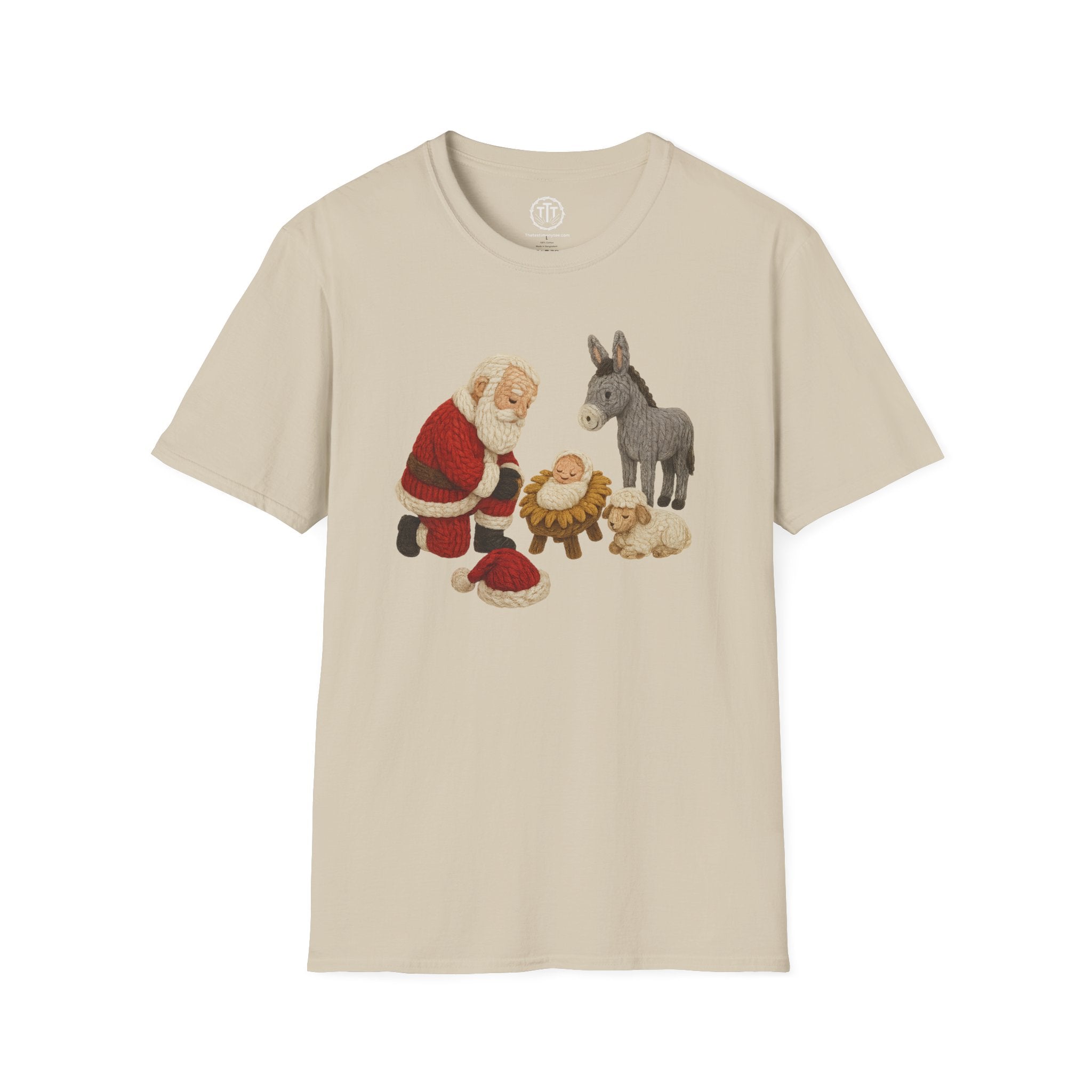 Faux Yarn Printed Image of Santa Bowing to Worship Baby Jesus