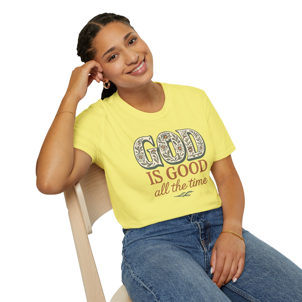 God Is Good All the Time – Christian Floral Typography Tee