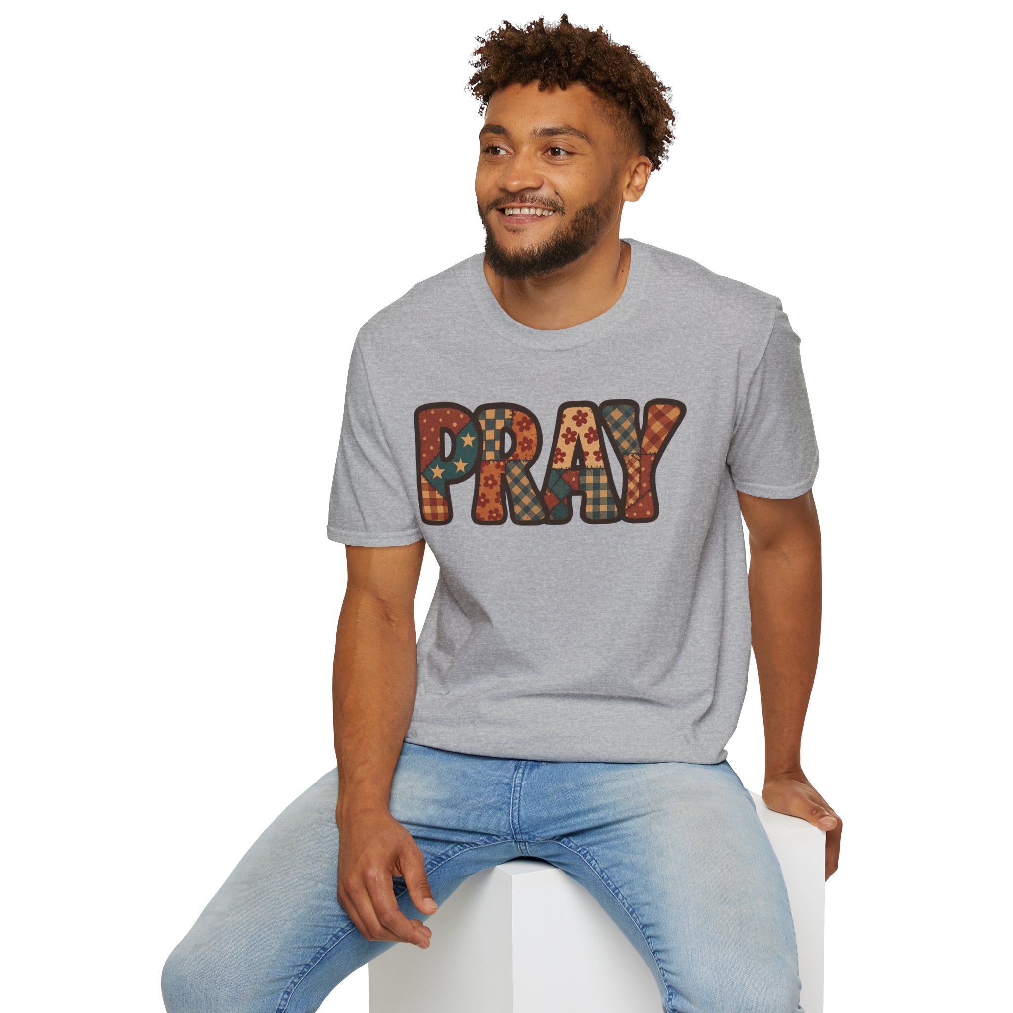 Pray Retro Patchwork T-Shirt — Vintage Floral Faith Graphic Tee