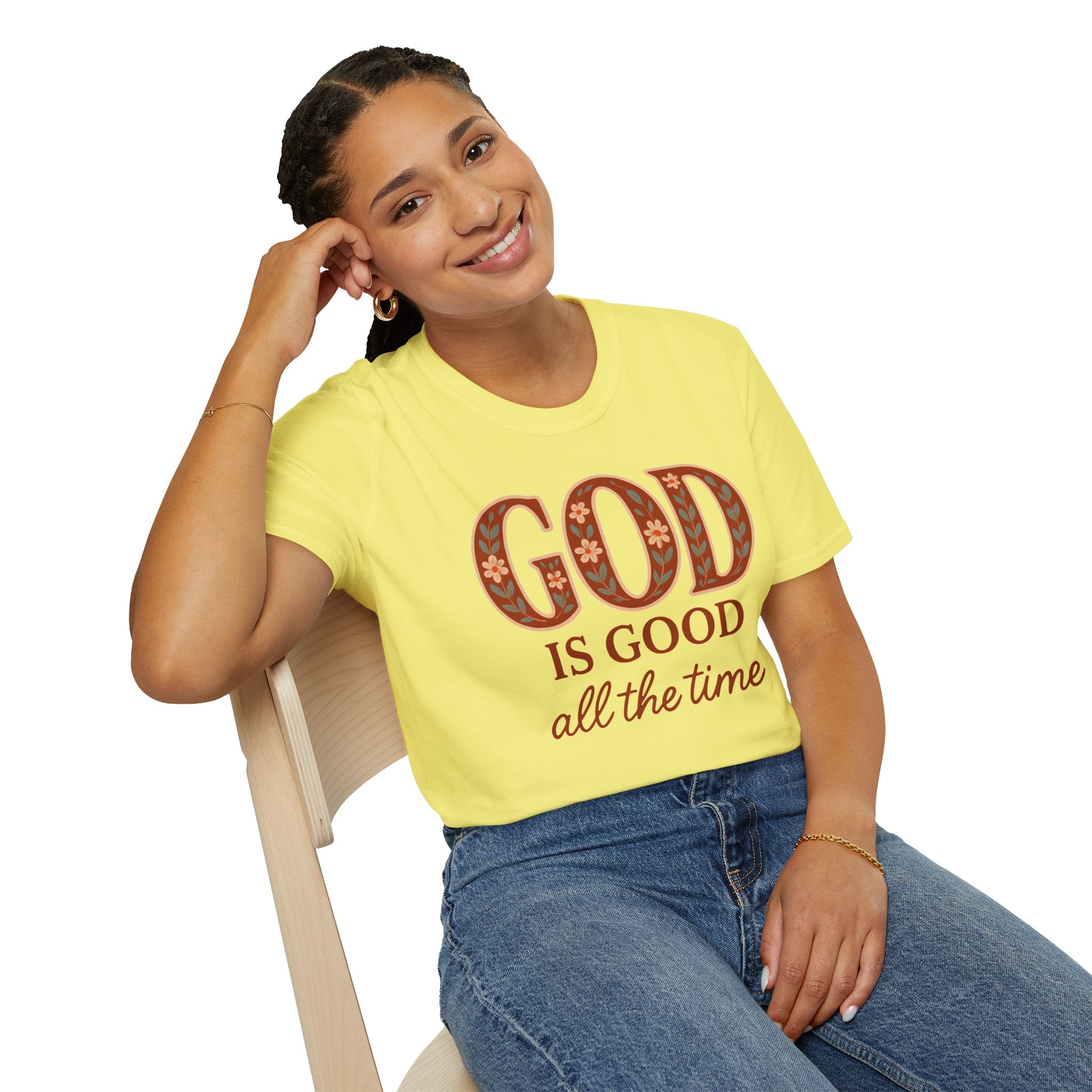 God Is Good All the Time – Christian Floral Typography Tee